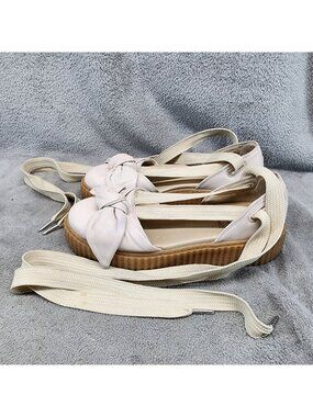 Fenty Puma Shoes Womens Size 8.5 Tan Leather Bow Creeper Sandals *Read*